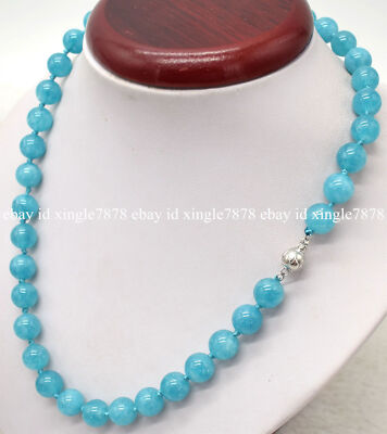 Natural 10mm Blue Aquamarine Gemstone Round Beads Water Pattern Necklace 16-28''