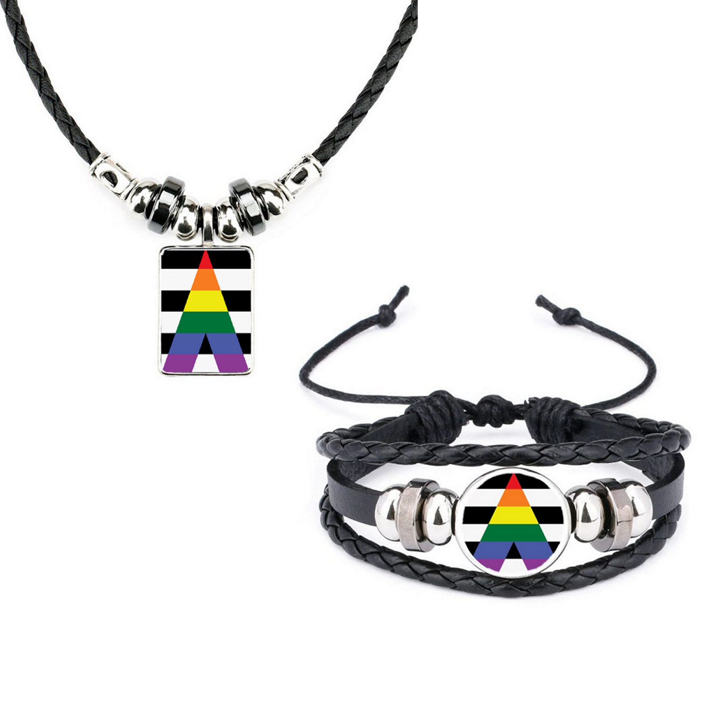 Set Of 2 Straight Ally Pride LGBTQ Leather Bracelet And Soft Rope Necklace + Bag