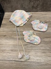 Vintage Hand Crocheted Infant Girls Hat And Booties see Photos For Size 