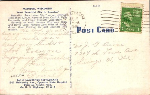 Leinen Postkarte Kreutz Lawrence Restaurant Madison Wisconsin WI PM 1949 - Bild 2 von 2