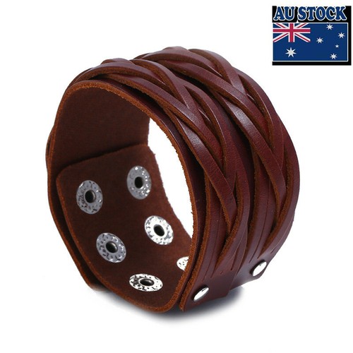 Men Women Wide 4cm Leather Braided Wristband Bangle Cuff Bracelet