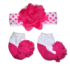 Preemie Newborn Hot Pink Crib Shoe Socks w/Headband - Big Flower Mud Pie Style