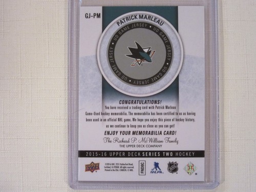 2015/16 Upper Deck Series Two Patch Card Patrick Marleau - Picture 2 of 3