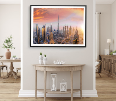 Burj Khalifa Print, Dubai Wall Art, Sunset Framed Cloudy Sky Wall Art, City