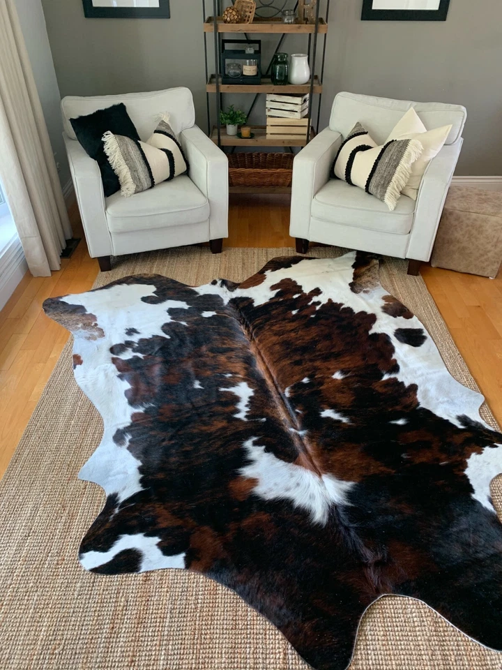 Tricolor Cow Hide Real Skin Leather Rug - Average Size 6X6 feet New Cowhide Rug - Image 3 of 4