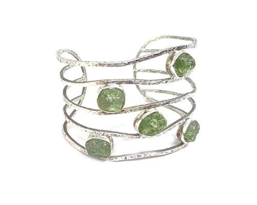 Raw Peridot Jewelry Bangle Bracelet , Green Peridot Handmade 925 Sterling Silver - Picture 4 of 6