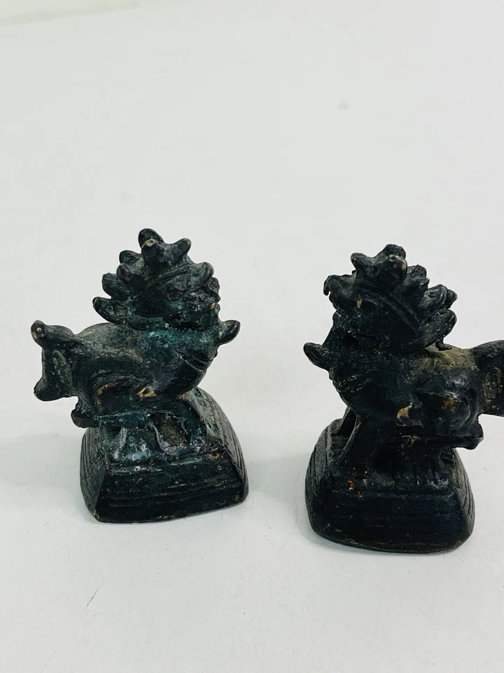 Pair of Antique Mini Miniature Brass Patina Foo Dogs - Image 2 of 4