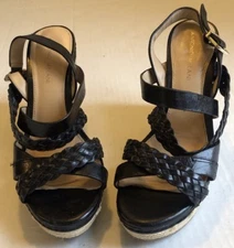 ANTONIO MELANI Womens Size 8 Black Leather Strappy Platform Wedges Sandals Shoes