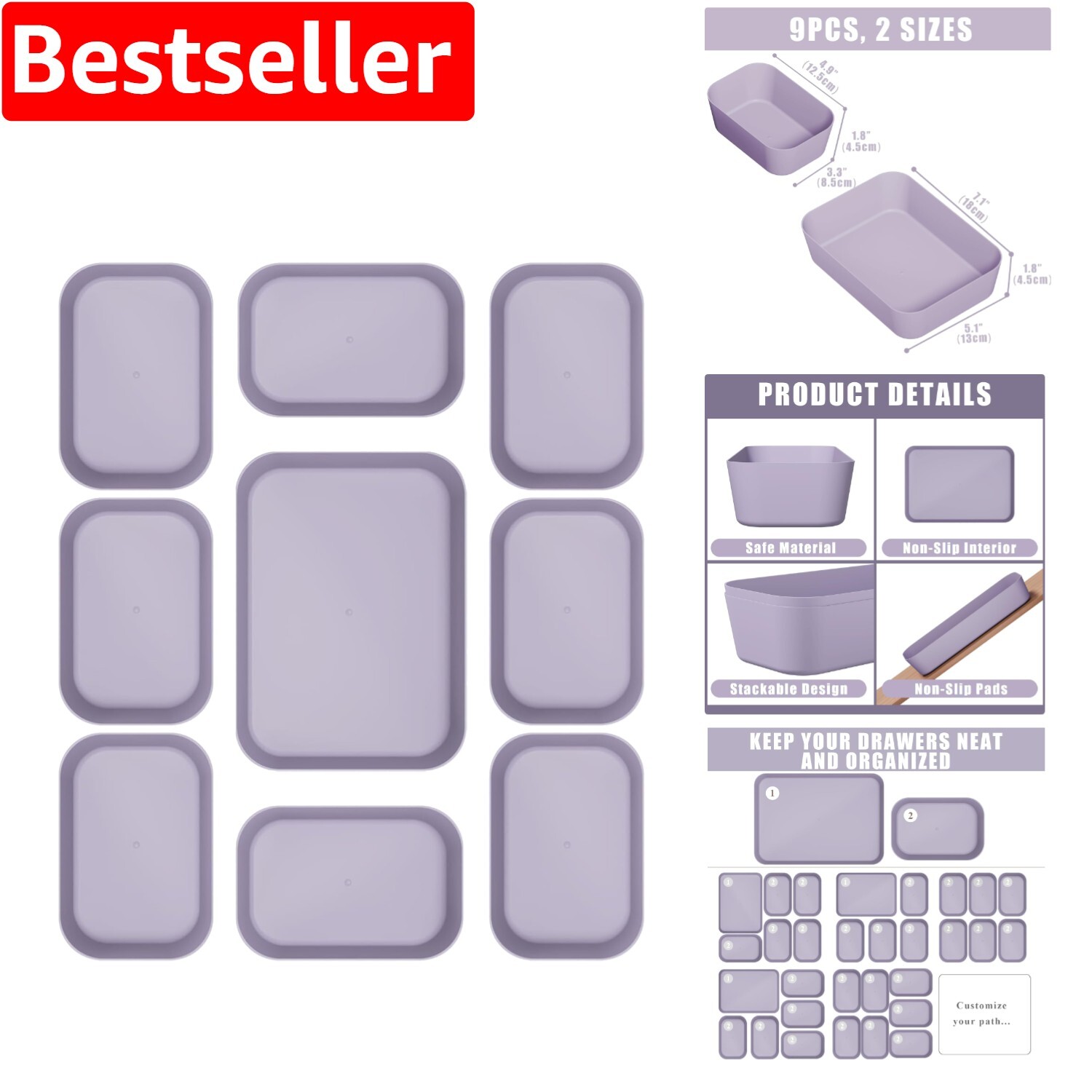 Versatile 9-Piece Plastic Drawer Organizer Bins for Makeup & Office Supplies