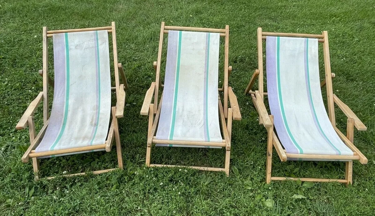 Vtg Wood Canvas Sling Chair Adjustable Retro Deck Beach Pool Backyard Lake Retro