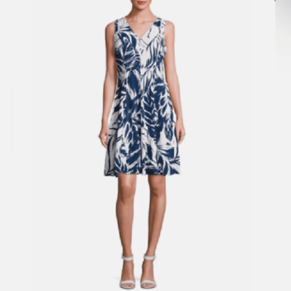 IVANKA TRUMP Navy & White Bold Leaf Printed A-Line Dress NEW Size 12
