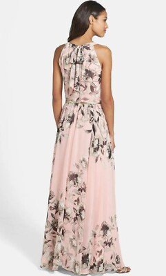 Eliza J Maxi Dress Pink Floral Chiffon Women's Sleeveless Tie Back Size 4 |  eBay