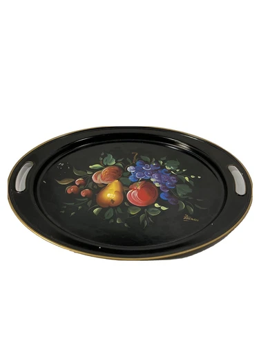 Vintage 19.5” x 14” Oval Toleware Tray Handpainted Fruit Motif-Signed