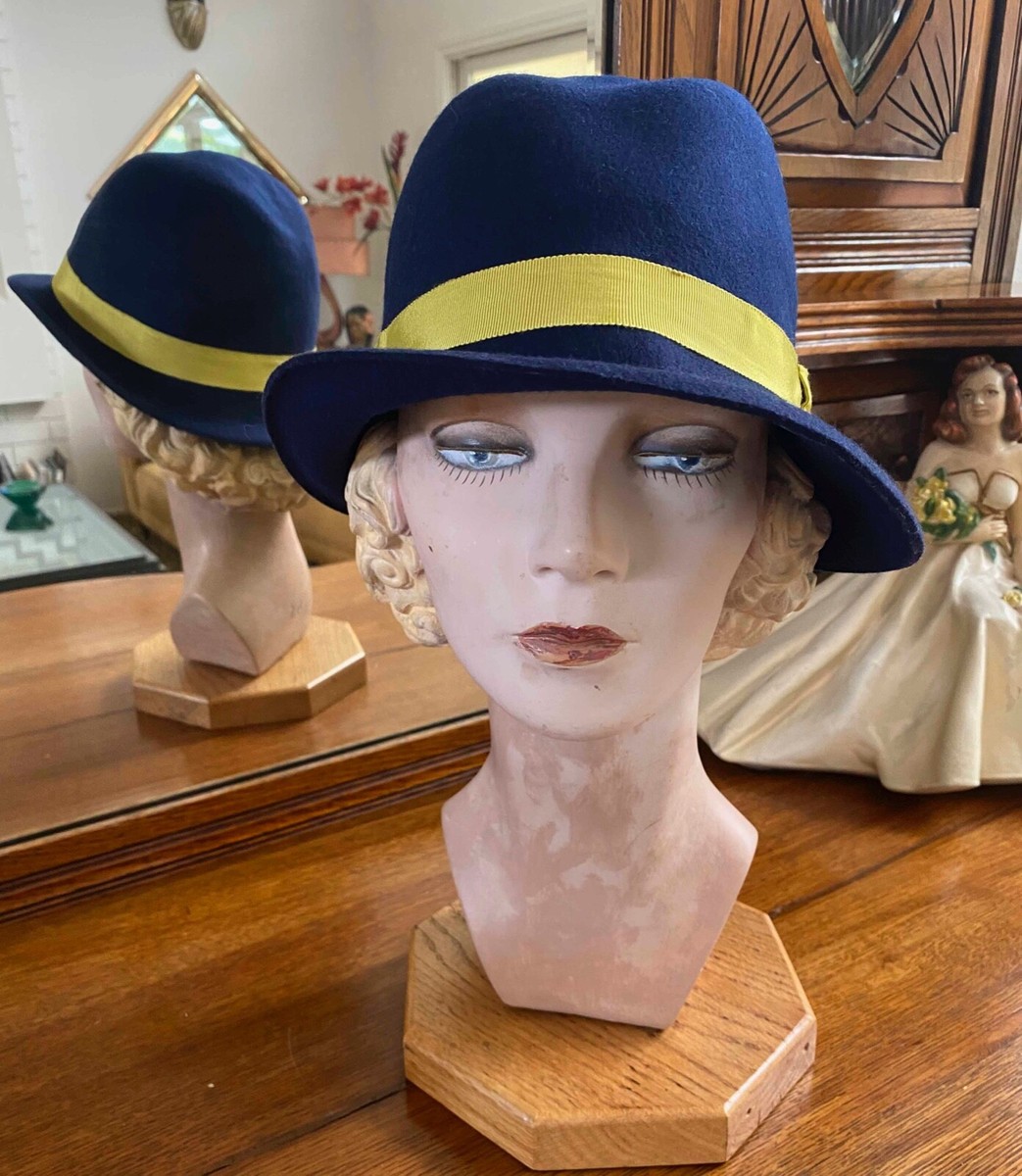 帽子 women 1920-1930s style NAVY Wool Cloche Hat Grosgrain Band 22