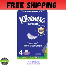 Kleenex Ultra Soft Facial Tissues, 4 Flat Boxes, 120 Tissues per Box, 3-Ply