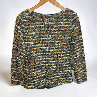 Womens Crochet Knit Sweater Multicolor Striped Fringe Long Sleeve Round Neck S M