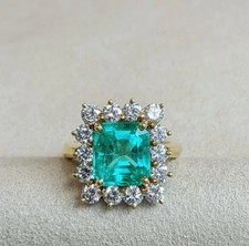 3.98 Ct Emerald Cut Natural Emerald Diamond Halo Statement Ring 14K Yellow gold