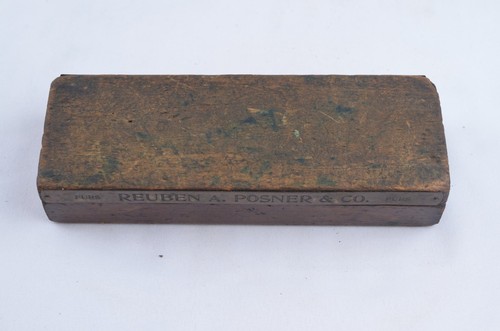Antique REUBEN A POSNER & CO FURS Advertising Razor Hone Wood Case Brass Plaque