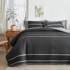 Dark Grey Boho Quilt Set Full Queen Size 3 Pcs White Striped on Gray Reversible