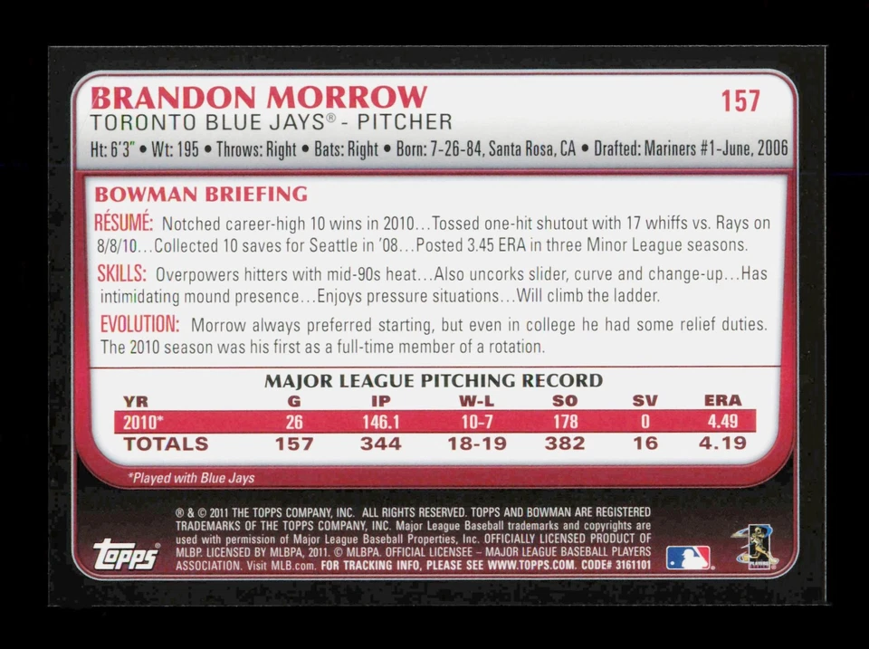 2011 Bowman #157 Brandon Morrow Gold Toronto Blue Jays - Image 2 of 2