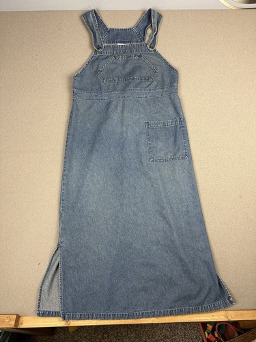 Maxi Vestido De Colección Años 90 A Juego Denim Algodón Talla M Hecho en EE. UU. Modesto Mono Corbata con Babero - Imagen 2 de 14
