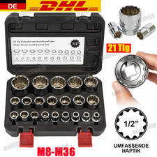 21tlg 1/2'' Steckschlüssel Vielzahn Nuss Satz Stecknuss für 6 und 12 Kant 8-36mm