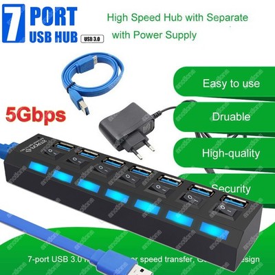 USB 3.0 Hub 7 Port Adapter mit LED-Anzeige Unabhängiger Schalter für PC Laptop