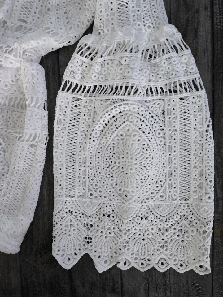 Очаровательный белый богемный бродерий английский комбинезон кружевной люверс с длинным рукавом XS - Изображение 4 из 4