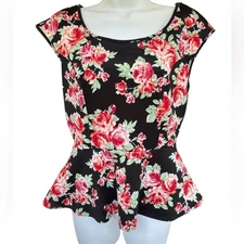 Stretch High-Low Floral Rose Roses Black Peplum Top - L XL