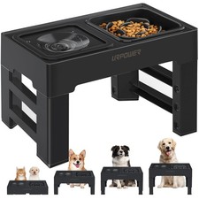 2-in-1 Elevated Slow Feeder Dog Bowls with No-Spill Water Dish, Adjustable Heigh