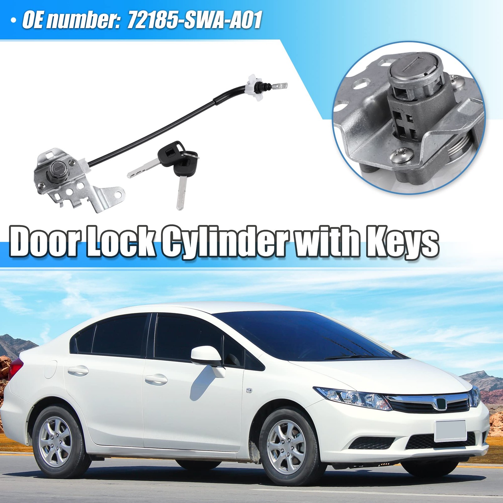 X AUTOHAUX 1 Set Front Left Side Door Lock Cylinder Cable with 2 Keys for Hon...