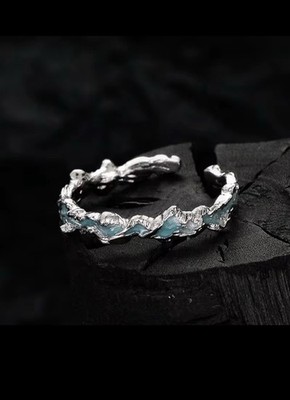 Sterling Silver Adjustable Wave Ring Blue Enamel Ocean Inspired Statement Ring