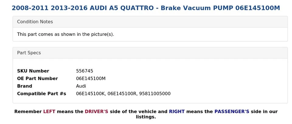 AUDI A5 QUATTRO 2008-2011 2013-2016 - Bomba de vacío de freno 06E145100M Foto 4 de 4