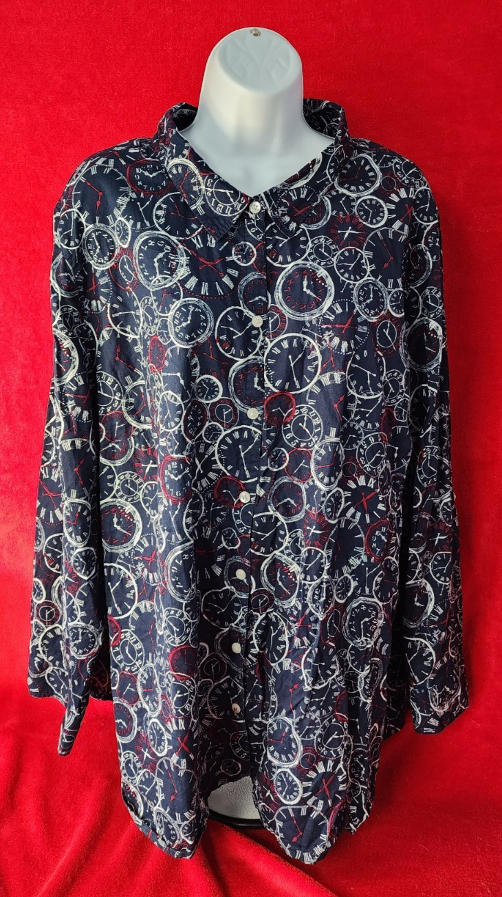 Catherine’s Button Up Long Sleeve Top Button Tab Blue Time Clock Theme 3x Cotton