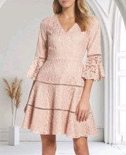Eliza J Pink Lace Dress Bell Sleeve Fit & Flare Size 6 Beige Double Lining Short
