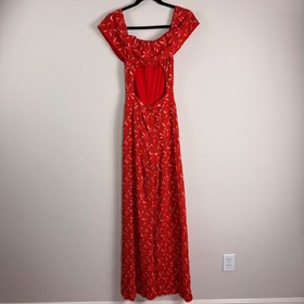 Nightcap Clothing Red Lace Crochet Wide Leg Jumpsuit Open Back Ruffle XS