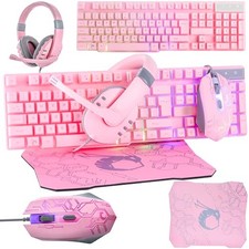 Pink Gaming Keyboard and Mouse Headset Headphones and Mouse pad Wired LED RGB