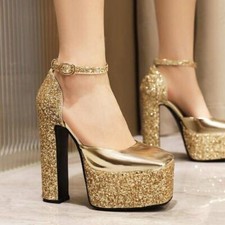 Women's Square Toe Sequins Sandals Ankle Strap Glitter Wedding Party Dress Shoes