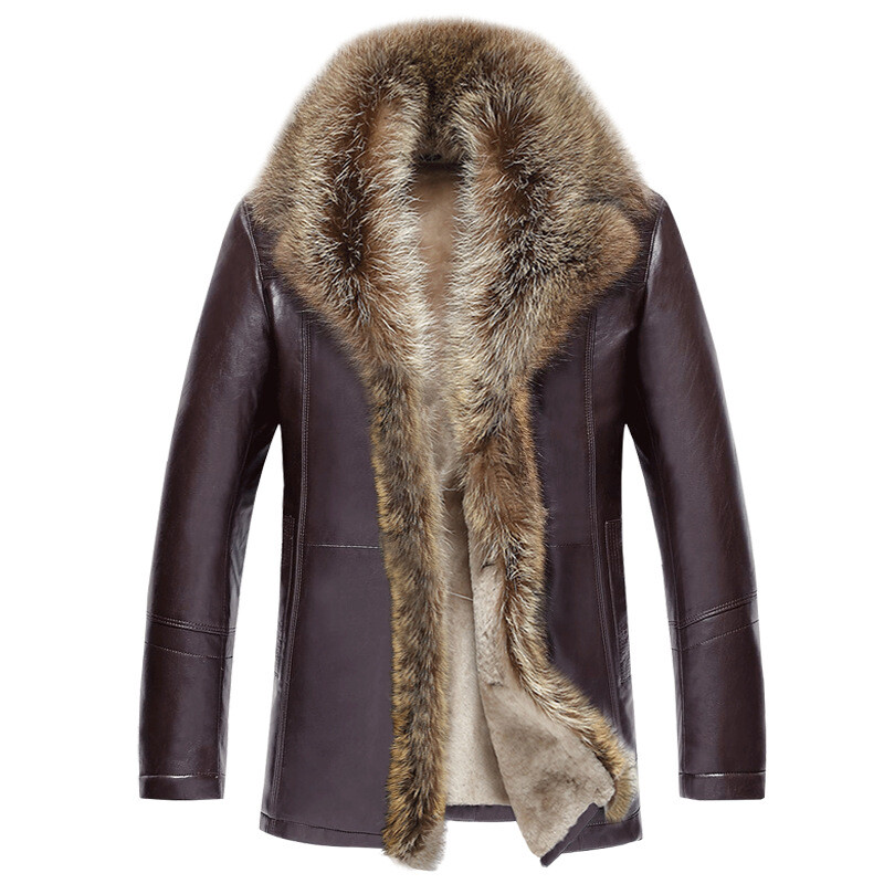 Men Mid Long Real Leather Jacket Raccoon Fur Collar Fur