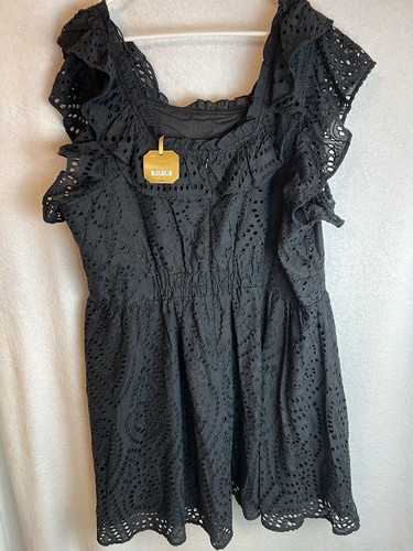 RYEGRASS NEW Dress Black Boho Eyelet Plus 3X Cotton Elastic Waist Lined Ruffles - Picture 3 of 3