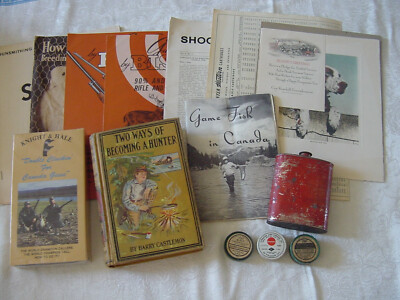 Vintage Hunting Lot / Powder Tin / Empty Percussion Cap / Bishop Gun Catalogs
