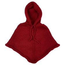 Vintage Infant Girls Hand Knit Poncho Burgundy Pullover Hooded Poncho 12 months