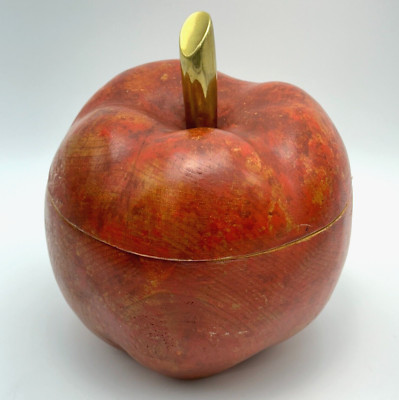 Vintage Wooden Apple Lidded Trinket Jar MCM Red Brass Stem Home Decor 8x7in