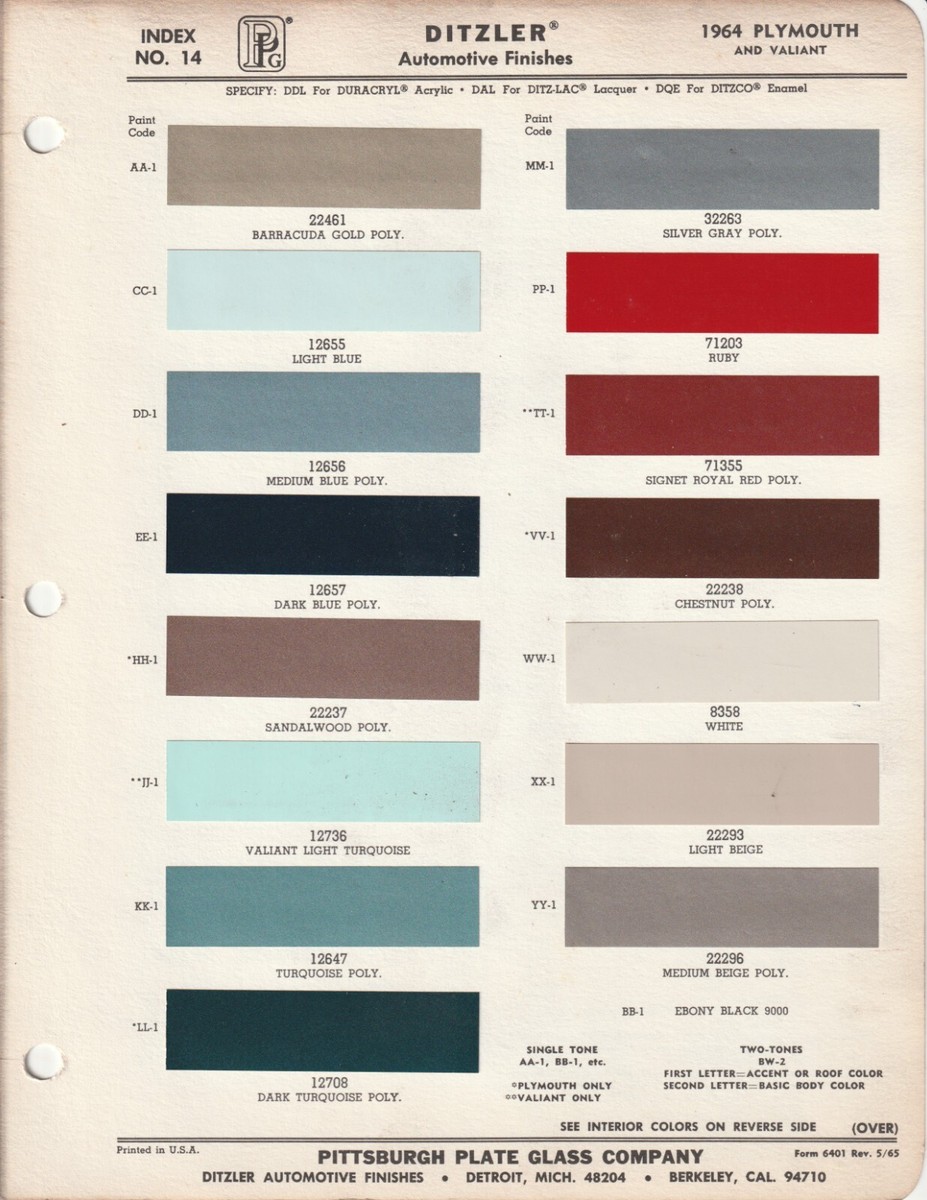 1964 PLYMOUTH FURY BELVEDERE VALIANT PAINT CHIPS (DITZLER) | eBay