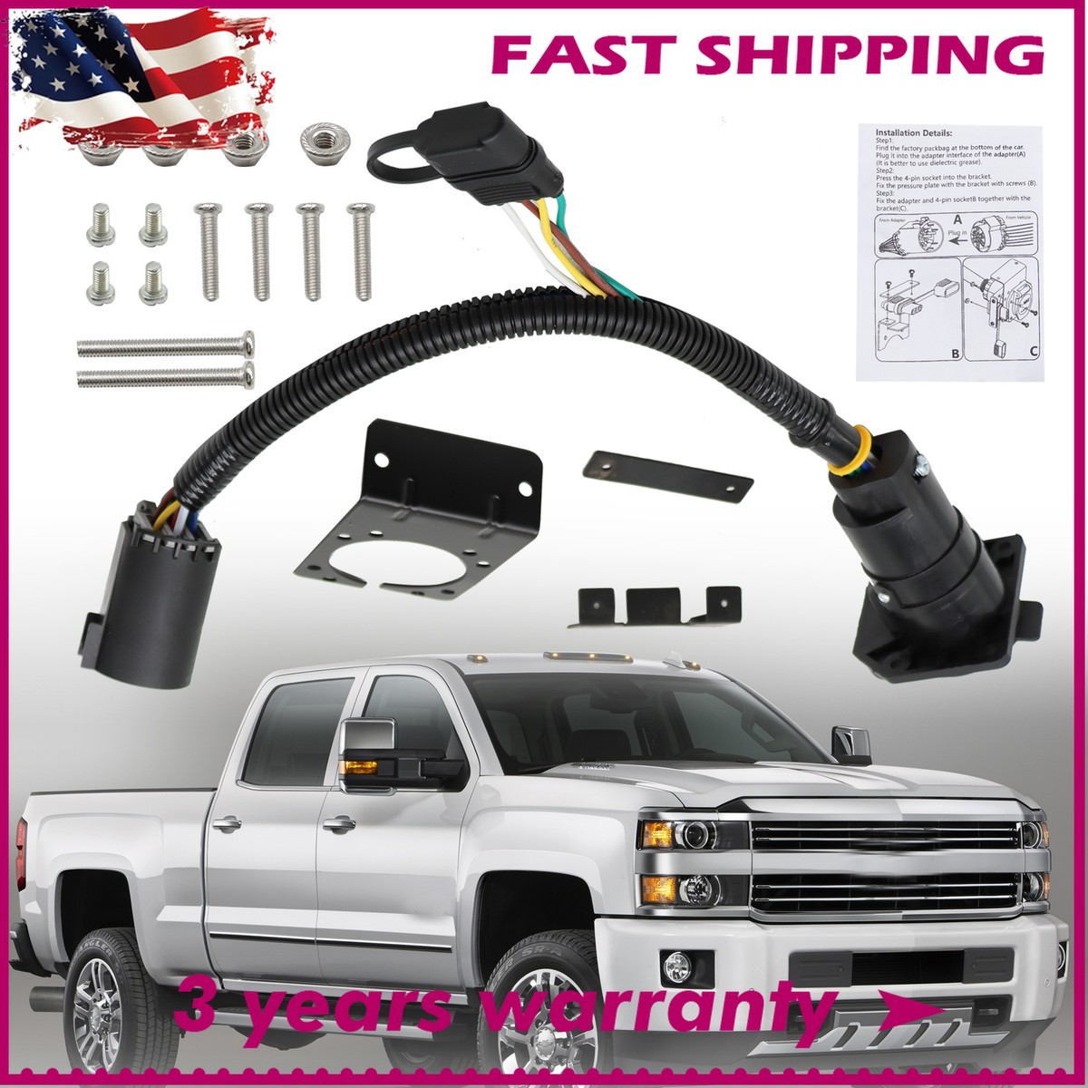 7-Way To 4-Way Flat Trailer Wiring Harness Adapter For Chevy Silverado & Ford F-Series