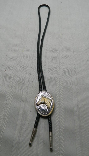 Western Bolo Brass Horse Head on Engraved Silver Tone Oval Black Braided Cord US
