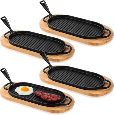 4 Pcs Cast Iron Fajita Skillet Pan Set Sizzling Steak Plate with Wooden Base