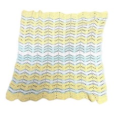 Hand Knit Crochet Baby Blanket White Green Yellow Shower Gift Boy Girl Nursery