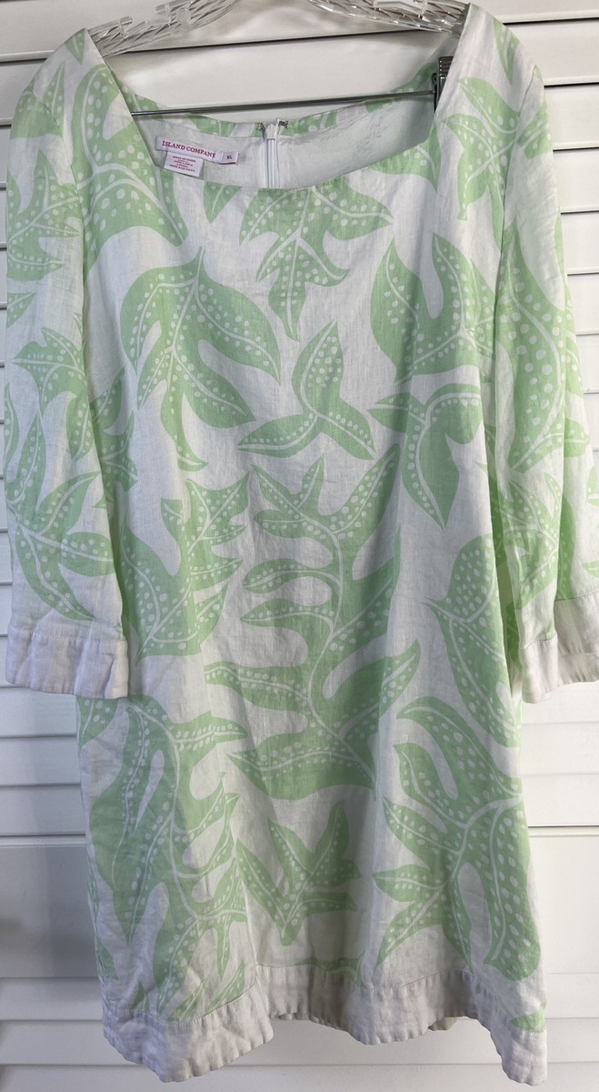 ISLAND COMPANY LINEN SHEATH DRESS PALE GREEN &WHITE TROPICAL PATTERN BEACHY XL ISLAND COMPANY LINEN SHEATH DRESS PALE GREEN &WHITE TROPICAL PATTERN BEACHY XL
