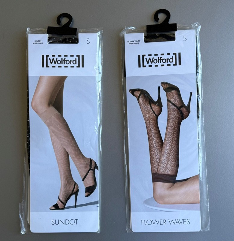 Lot of 2, patterned Wolford Knee-Highs; (1) “Flower Waves”, (1) “Sundot”, black